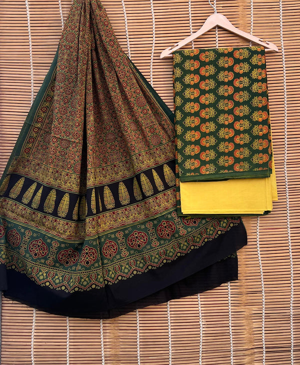 Pure Cotton Azrakh Print Unstitched suit With Handkantha Work Azrakh Pallu Dupatta