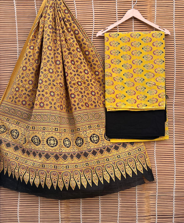 Pure Cotton Azrakh Print Unstitched suit With Handkantha Work Azrakh Pallu Dupatta