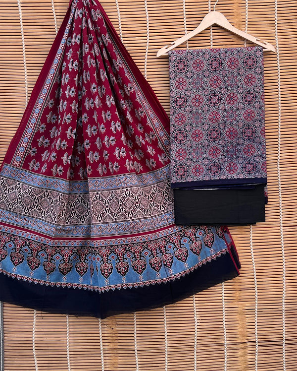 Pure Cotton Azrakh Print Unstitched suit With Handkantha Work Azrakh Pallu Dupatta