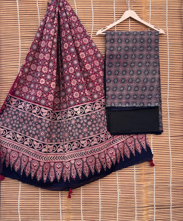 Pure Cotton Azrakh Print Unstitched suit With Handkantha Work Azrakh Pallu Dupatta