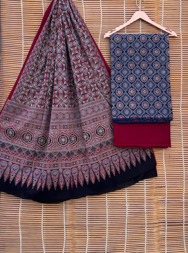 Pure Cotton Azrakh Print Unstitched suit With Handkantha Work Azrakh Pallu Dupatta