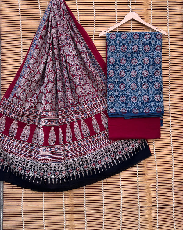 Pure Cotton Azrakh Print Unstitched suit With Handkantha Work Azrakh Pallu Dupatta