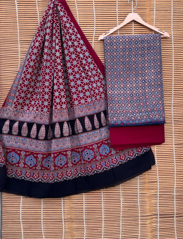 Pure Cotton Azrakh Print Unstitched suit With Handkantha Work Azrakh Pallu Dupatta