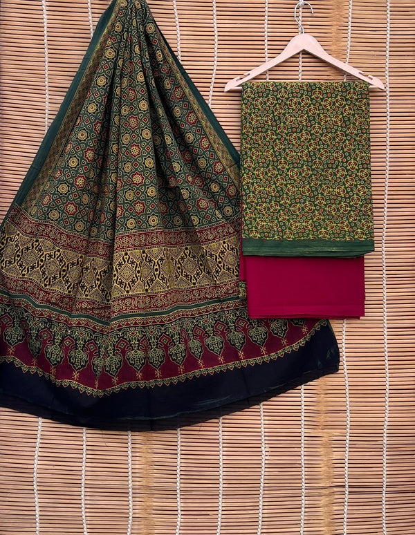 Pure Cotton Azrakh Print Unstitched suit With Handkantha Work Azrakh Pallu Dupatta