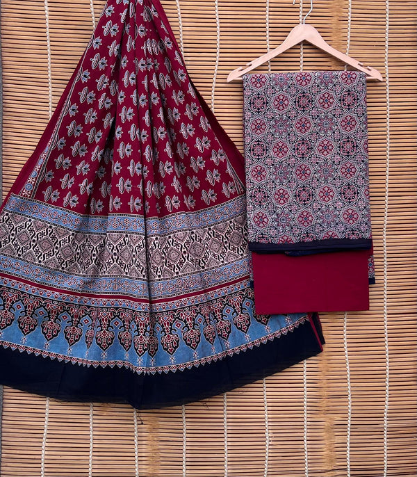 Pure Cotton Azrakh Print Unstitched suit With Handkantha Work Azrakh Pallu Dupatta