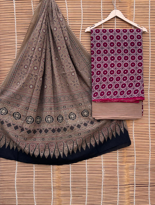 Pure Cotton Azrakh Print Unstitched suit With Handkantha Work Azrakh Pallu Dupatta