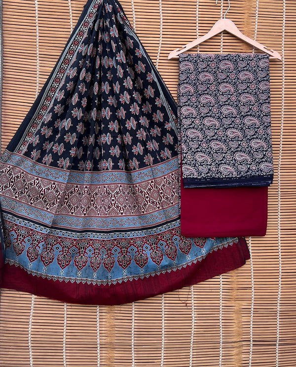 Pure Cotton Azrakh Print Unstitched suit With Handkantha Work Azrakh Pallu Dupatta