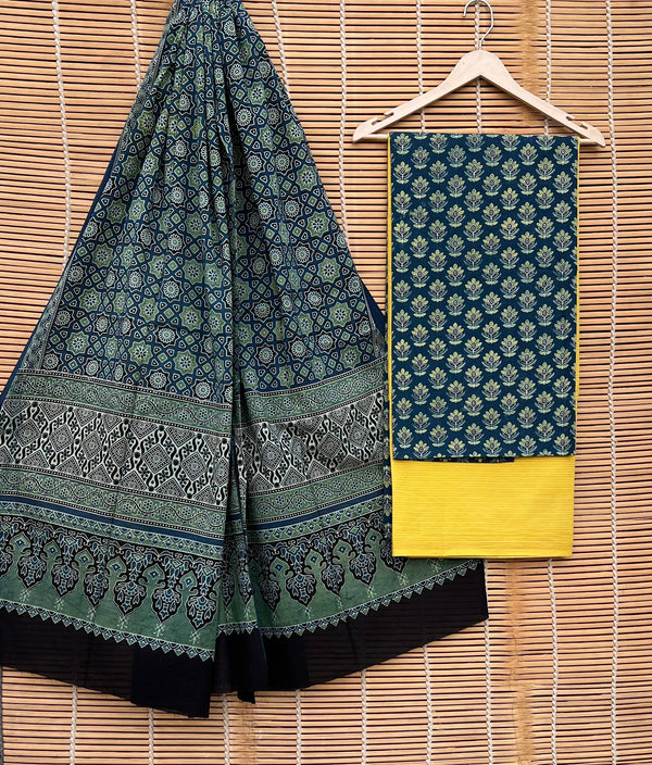 Pure Cotton Azrakh Print Unstitched suit With Handkantha Work Azrakh Pallu Dupatta