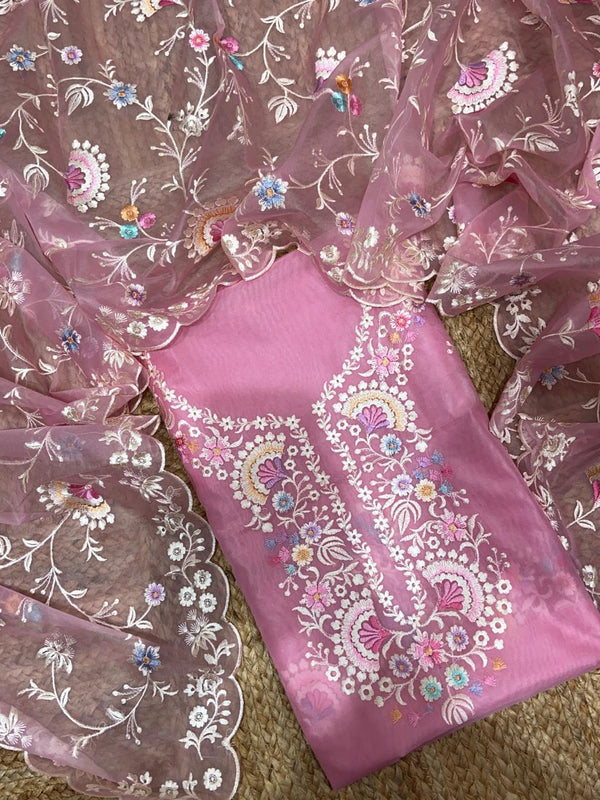 Exclusive Pure Banarasi organza silk Unstitched Suit with Embroidery and cutwork