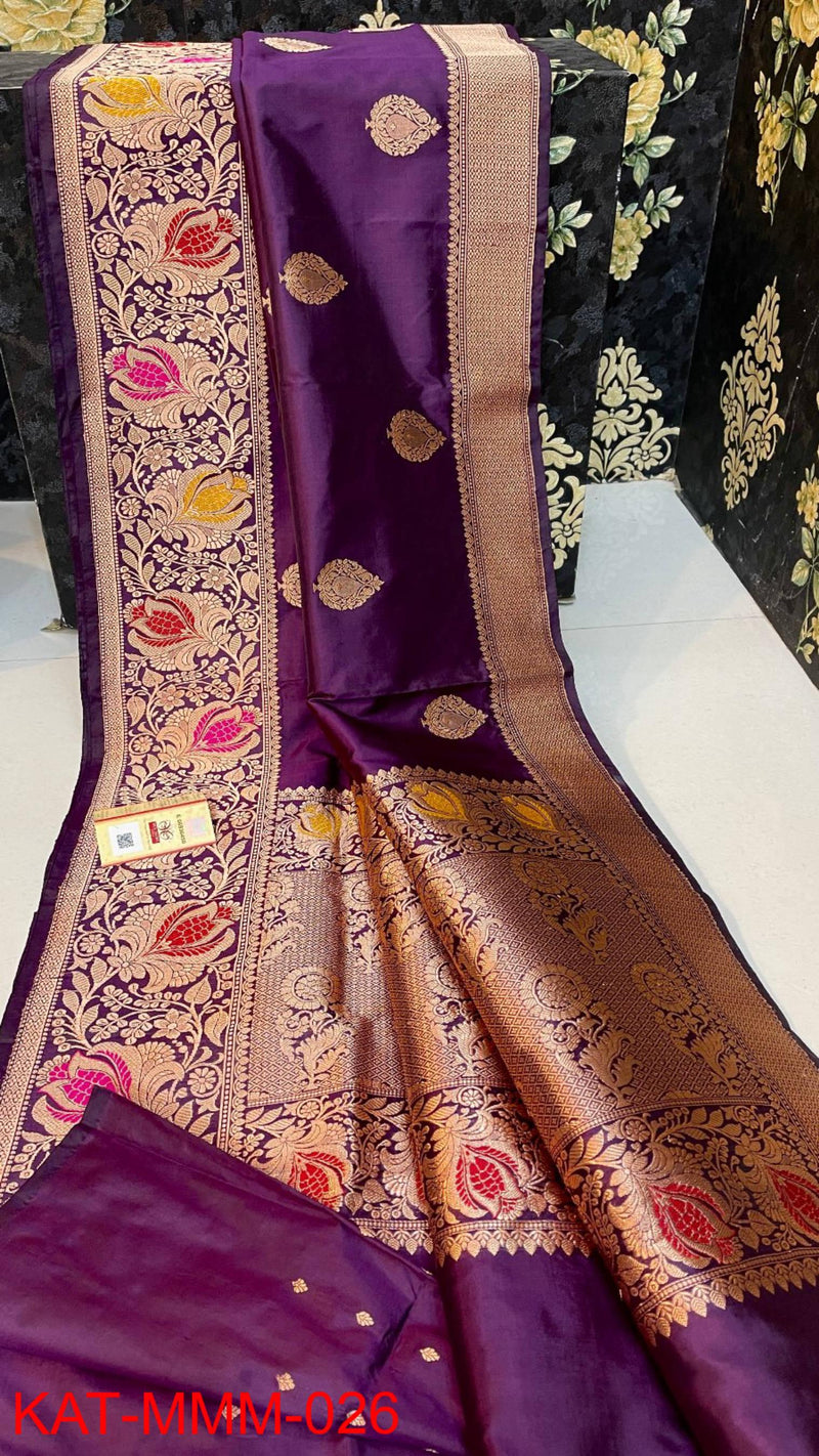 Pure Handloom Banarasi Katan Silk Meenakri Work Saree with Antique Zari Work and silk mark certified