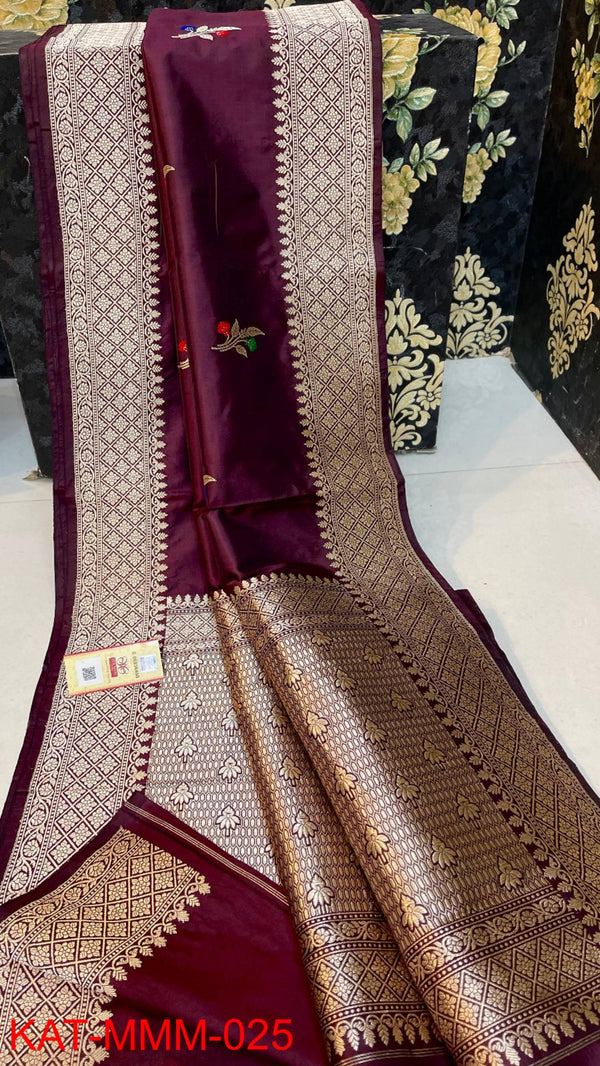 Pure Handloom Banarasi Katan Silk Meenakri Work Saree with Antique Zari Work and silk mark certified