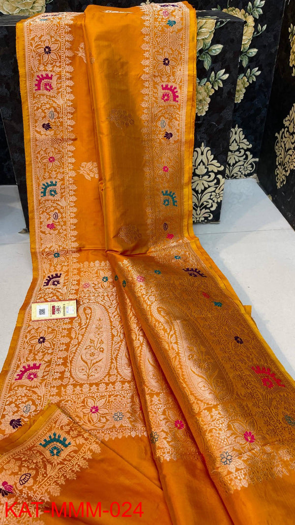 Pure Handloom Banarasi Katan Silk Meenakri Work Saree with Antique Zari Work and silk mark certified