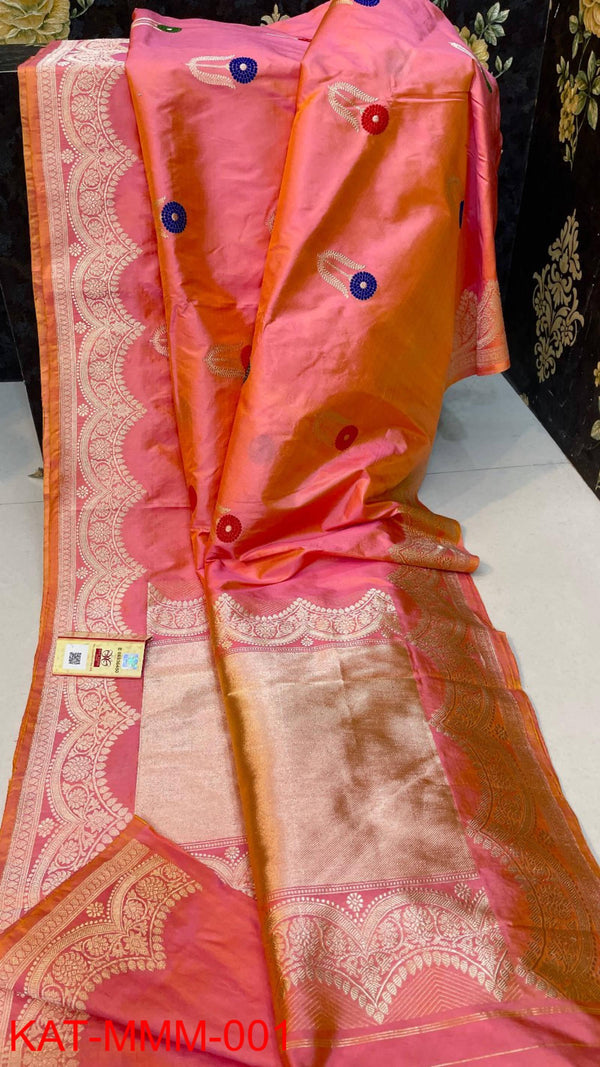 Pure Handloom Banarasi Katan Silk Meenakri Work Saree with Antique Zari Work and silk mark certified