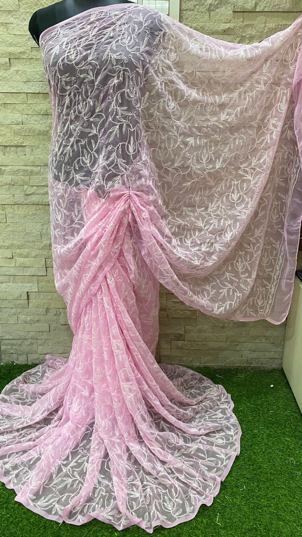 Pure Georgette  Chikankari Tepchi Jaal Work Saree.