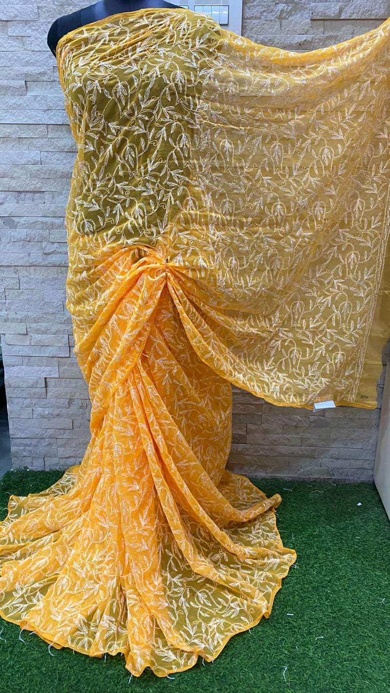 Pure Georgette  Chikankari Tepchi Jaal Work Saree.