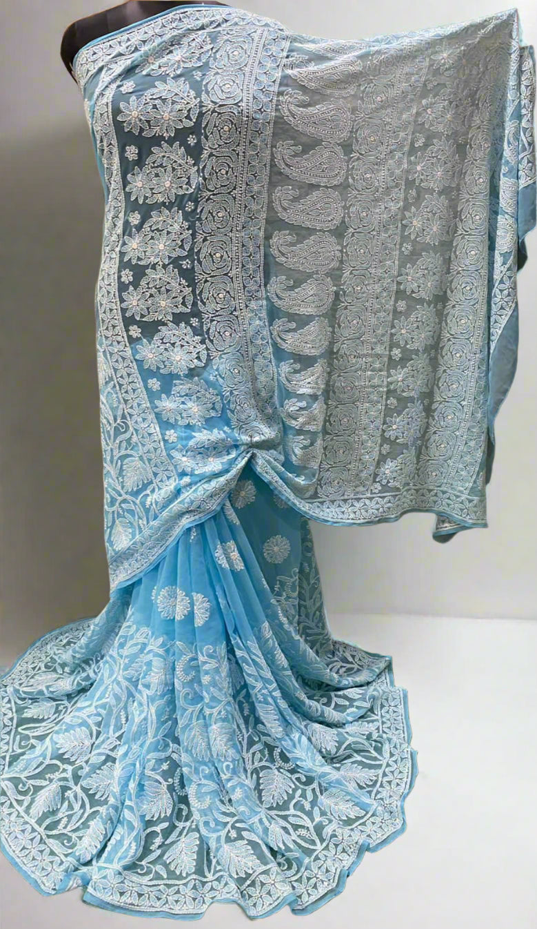 Pure Chiffon Georgette Chikankari Half Jaal Work Hand Embroidery Saree with Blouse.