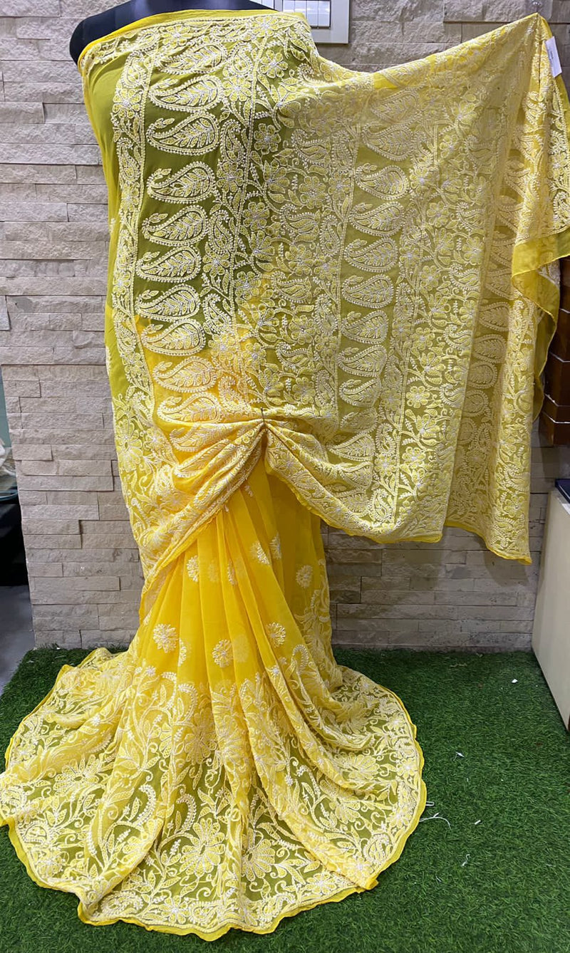 Pure Chiffon Georgette Chikankari Half Jaal Work Hand Embroidery Saree with Blouse.