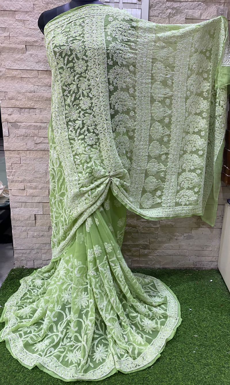 Pure Chiffon Georgette Chikankari Half Jaal Work Hand Embroidery Saree with Blouse.