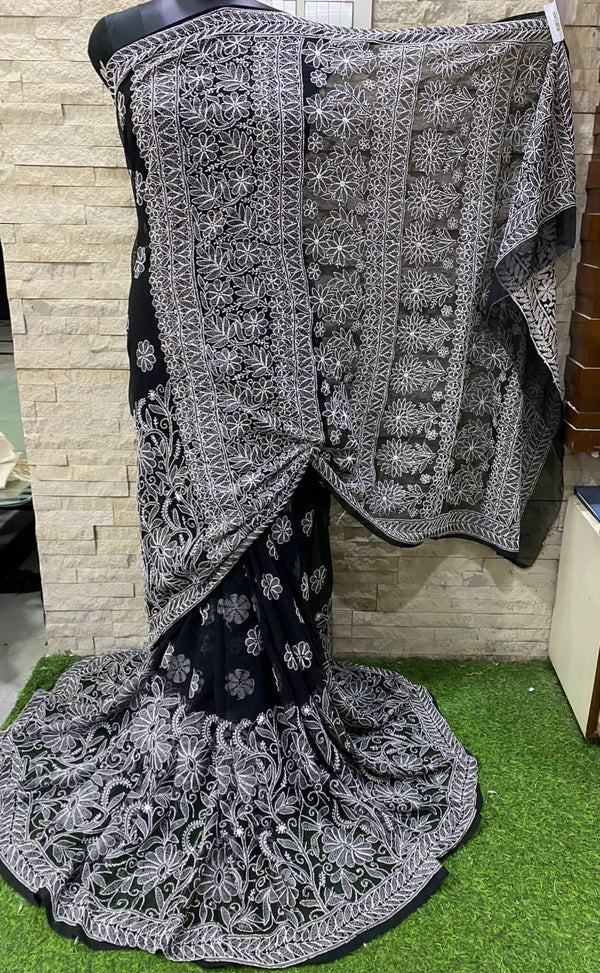 Pure Chiffon Georgette Chikankari Half Jaal Work Hand Embroidery Saree with Blouse.