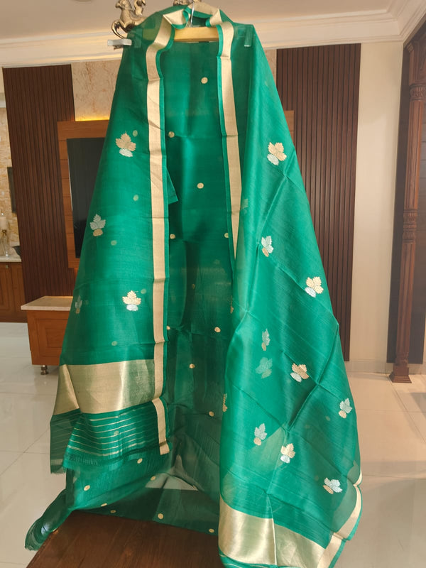 Pure Banarasi Kora Silk Khadwa Work 2 pc Unstitched Suit with meenakari Work in Green