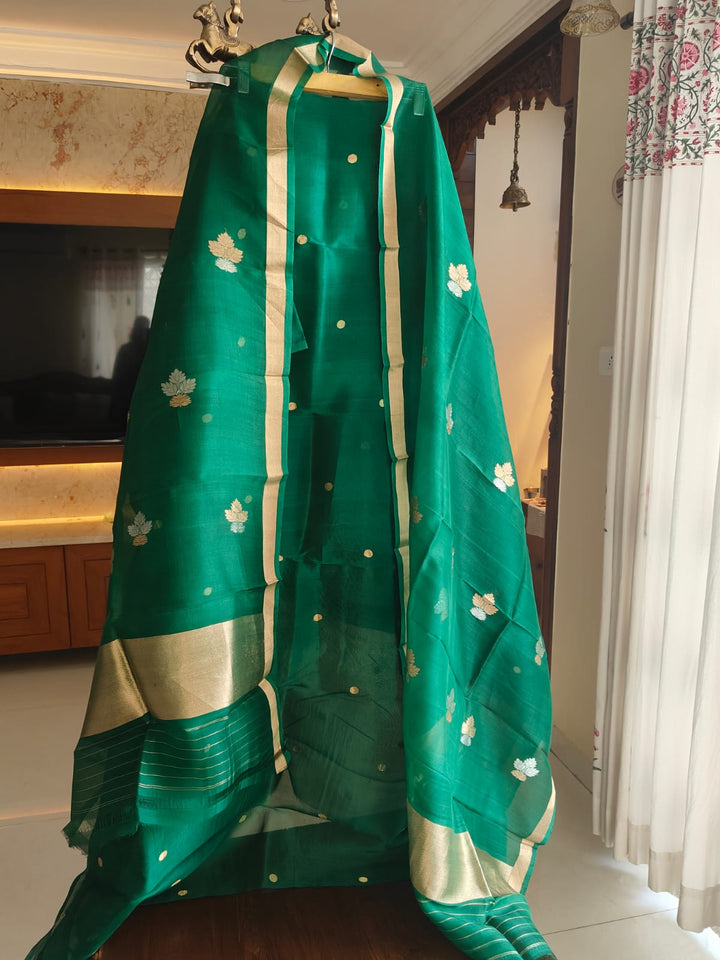 Pure Banarasi Kora Silk Khadwa Work 2 pc Unstitched Suit with meenakari Work in Green