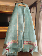 Pure Banarasi Kora Silk Khadwa Work 2 pc Unstitched Suit with meenakari Work in Turquoise