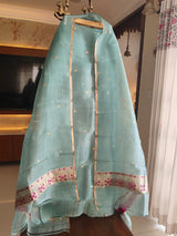 Pure Banarasi Kora Silk Khadwa Work 2 pc Unstitched Suit with meenakari Work in Turquoise