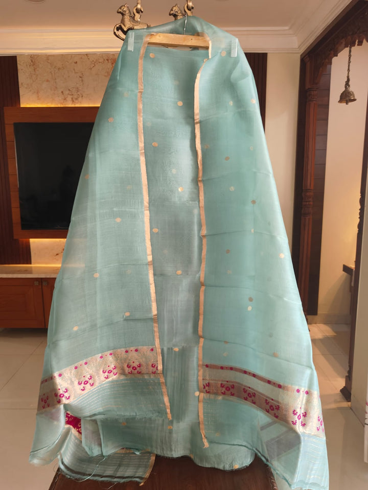 Pure Banarasi Kora Silk Khadwa Work 2 pc Unstitched Suit with meenakari Work in Turquoise