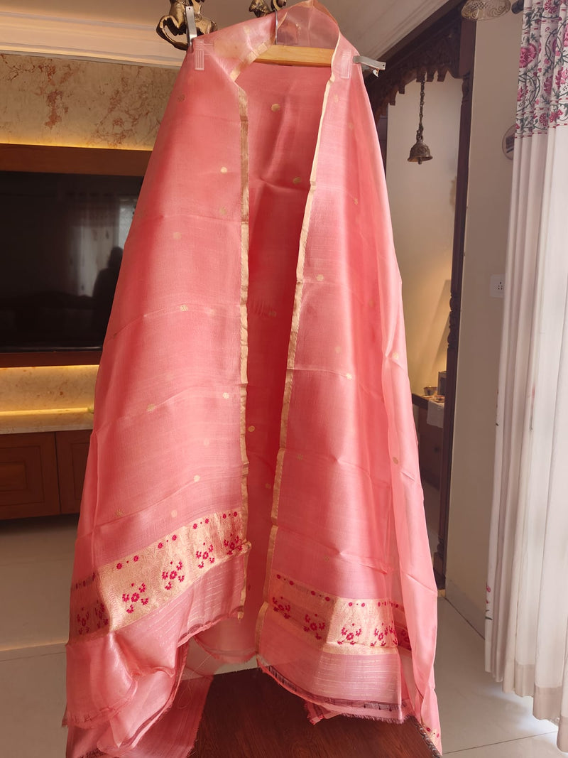 Pure Banarasi Kora Silk Khadwa Work 2 pc Unstitched Suit with meenakari Work in Peach