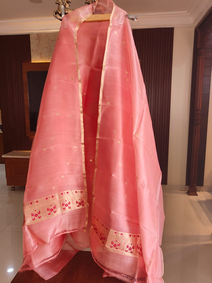 Pure Banarasi Kora Silk Khadwa Work 2 pc Unstitched Suit with meenakari Work in Peach