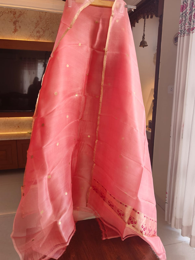 Pure Banarasi Kora Silk Khadwa Work 2 pc Unstitched Suit with meenakari Work in Peach