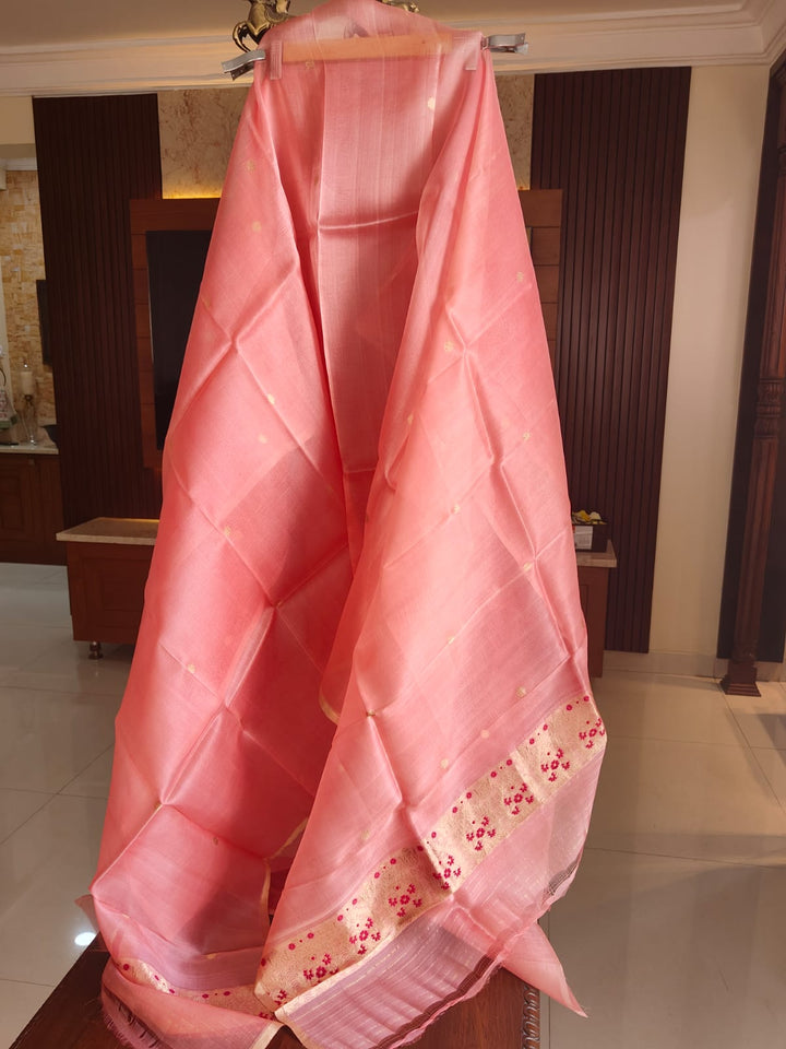 Pure Banarasi Kora Silk Khadwa Work 2 pc Unstitched Suit with meenakari Work in Peach