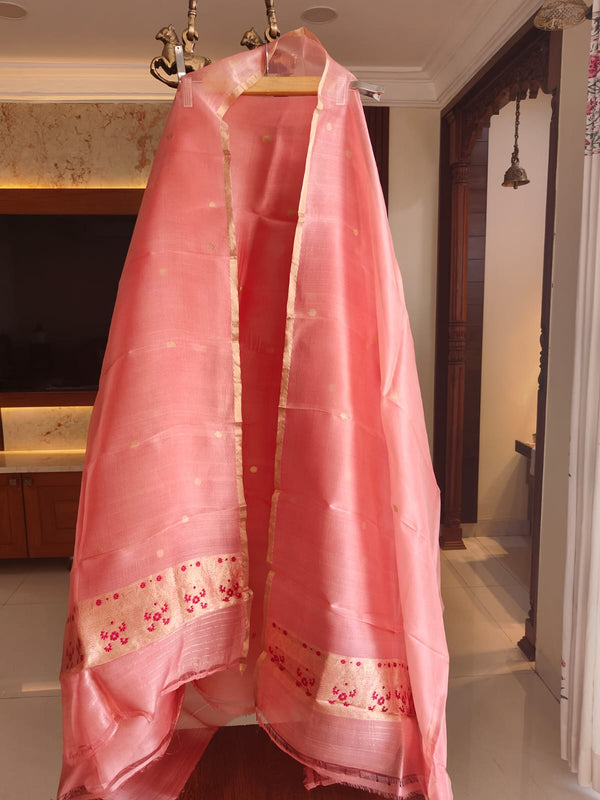 Pure Banarasi Kora Silk Khadwa Work 2 pc Unstitched Suit with meenakari Work in Peach