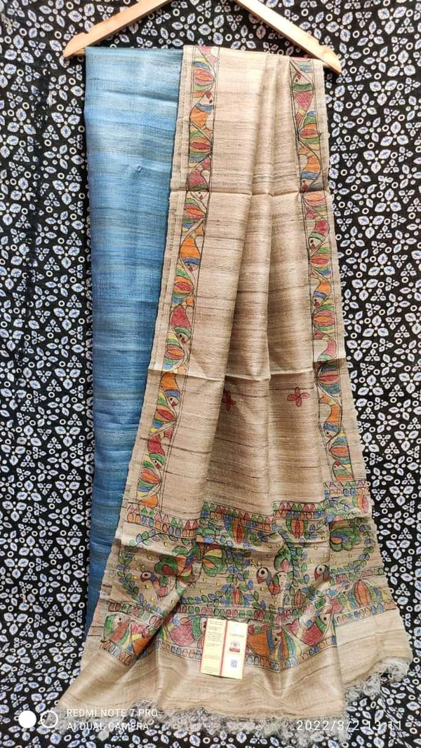 Pure Katan Giccha Silk 2 PC Unstitched Suit with Madhubani Print Dupatta