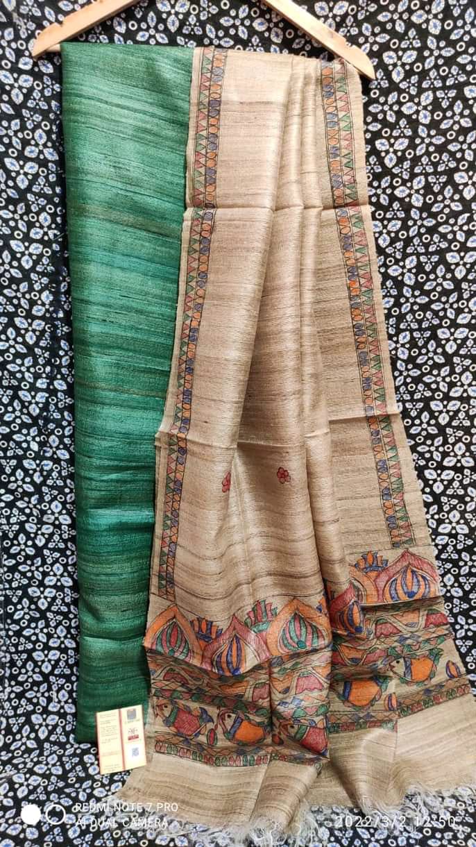 Pure Katan Giccha Silk 2 PC Unstitched Suit with Madhubani Print Dupatta