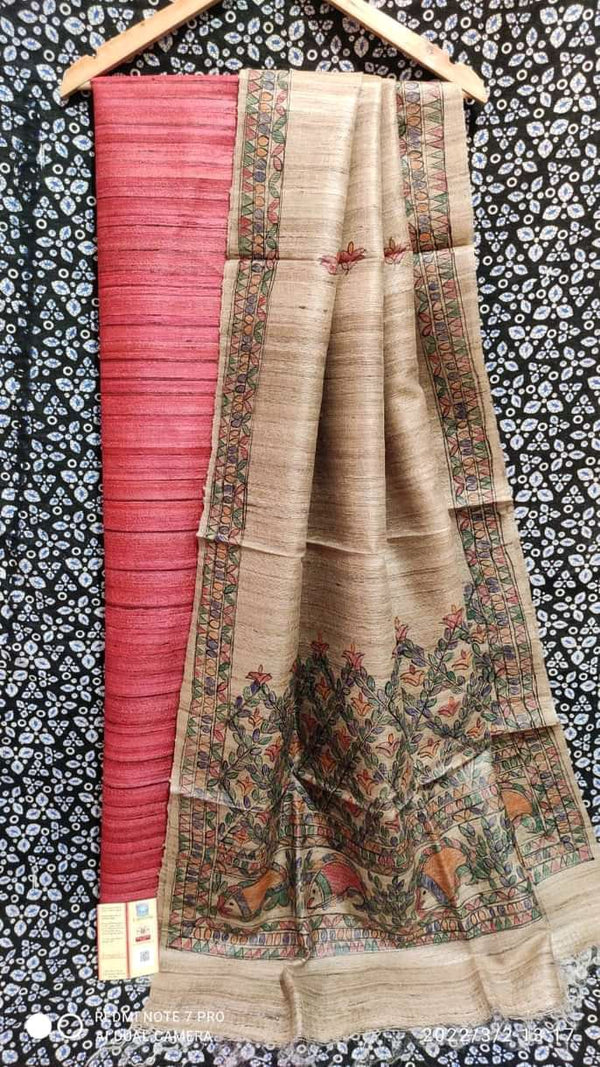 Pure Katan Giccha Silk 2 PC Unstitched Suit with Madhubani Print Dupatta