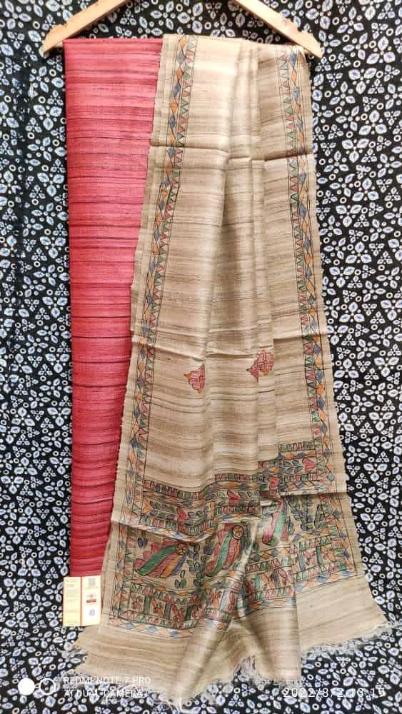 Pure Katan Giccha Silk 2 PC Unstitched Suit with Madhubani Print Dupatta