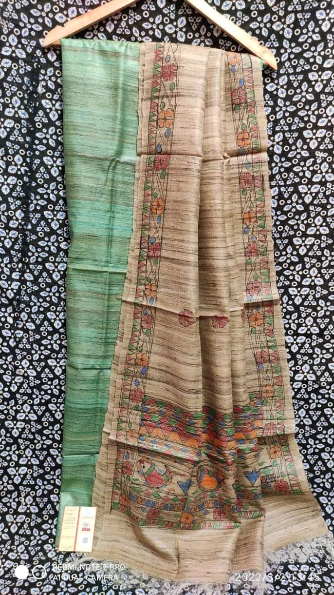 Pure Katan Giccha Silk 2 PC Unstitched Suit with Madhubani Print Dupatta