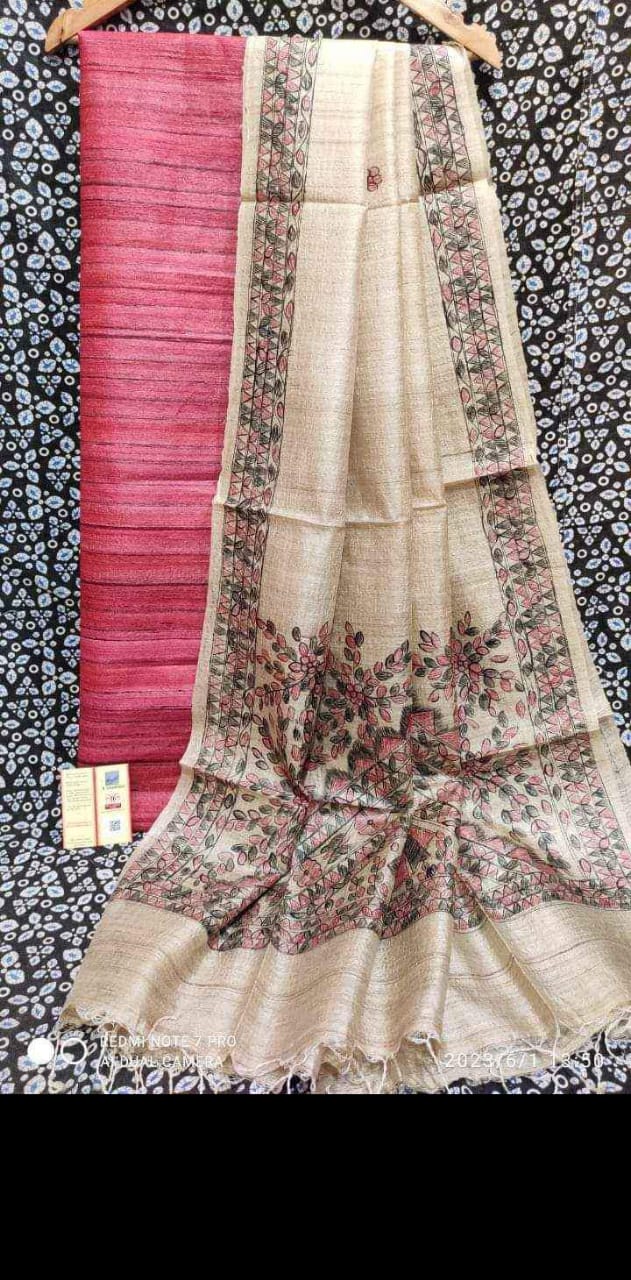 Pure Katan Giccha Silk 2 PC Unstitched Suit with Madhubani Print Dupatta