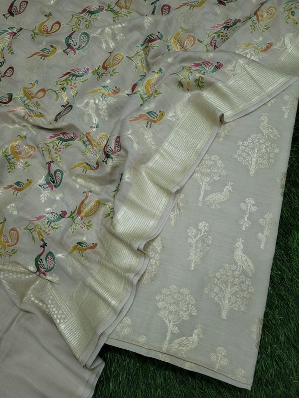 Pure Munga Silk Handloom weaved Unstitched Suit with Hand painted Munga silk Dupatta