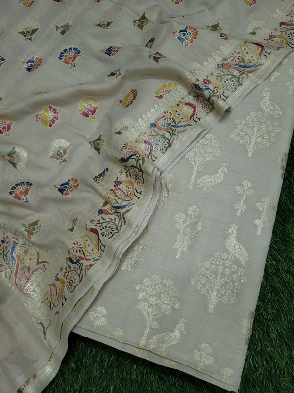 Pure Munga Silk Handloom weaved Unstitched Suit with Hand painted Munga silk Dupatta