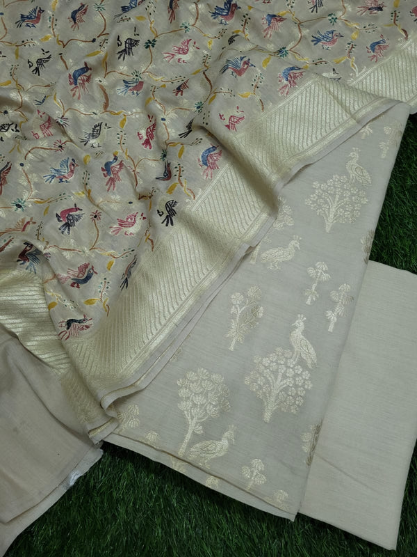 Pure Munga Silk Handloom weaved Unstitched Suit with Hand painted Munga silk Dupatta