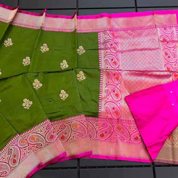 Pure Handloom Banarasi Katan Silk Meenakri Work Saree with Antique Zari Work and silk mark certified