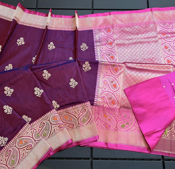 Pure Handloom Banarasi Katan Silk Meenakri Work Saree with Antique Zari Work and silk mark certified