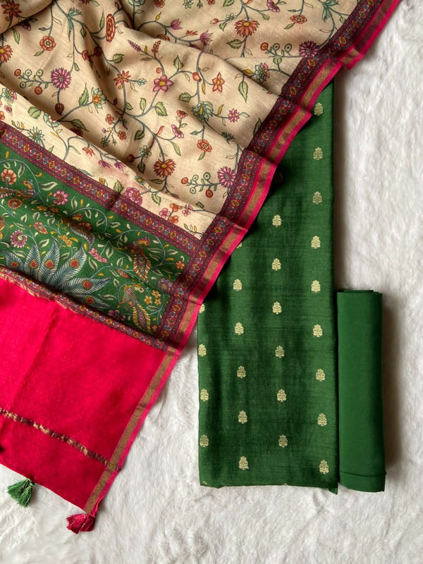 Pure Munga Silk Unstiched Suit With Kalamkari Work Munga silk Dupatta