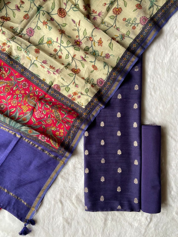 Pure Munga Silk Unstiched Suit With Kalamkari Work Munga silk Dupatta