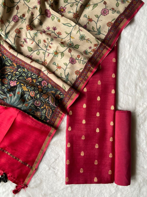 Pure Munga Silk Unstiched Suit With Kalamkari Work Munga silk Dupatta