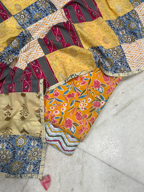 Pure Cotton Azrakh Print Unstitched suit With Azrakh Patchwork Dupatta