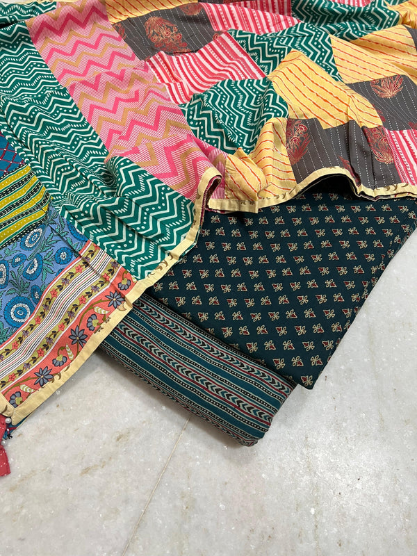 Pure Cotton Azrakh Print Unstitched suit With Azrakh Patchwork Dupatta