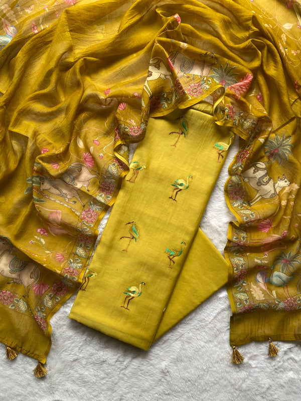 Pure Mul-Mul Silk Unstitched Suit with Pichwai Work